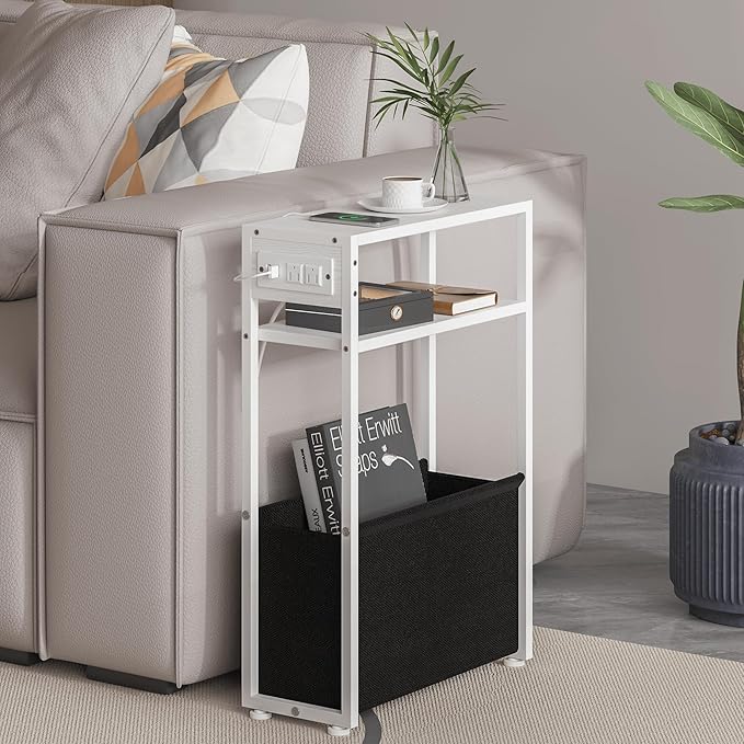White Side Table with Charging Station, Slim End Tables with Fabric Basket, Skinny Table for Small Spaces, Thin Bedside Table for Living Room, Bedroom
