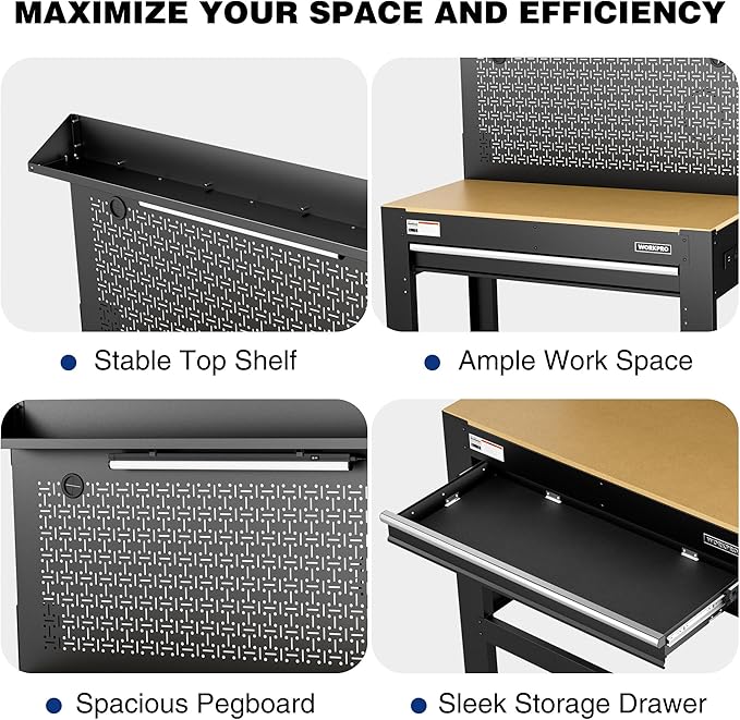 WORKPRO Garage Workbench with Storage, 45" Workbench with Pegboard, Power Outlets and Light, 800 LBS Multipurpose Work Bench for Garage, Warehouse, Workshop
