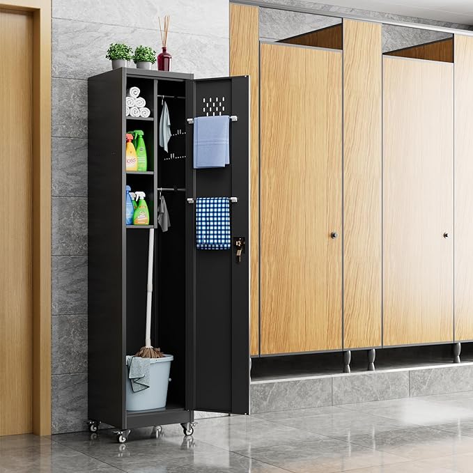Aobabo 72" H Garage Storage Cabinet with Wheels, Broom Closet Lockable Metal Cleaning Tool Cabinet with Hooks, for Cleaning Supplies Broom mops, Assembly Required, Black