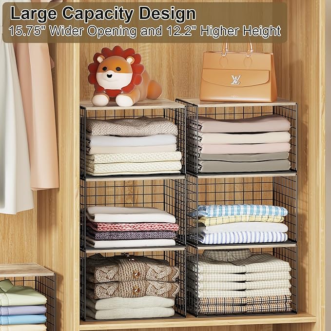 4PCS Wider Closet Organizers and Storage, Stackable Closet Shelf Organizer Storage Bins with Wood Top for Sweaters Jeans, Clothes Organizer Shelves for Wardrobe System Rack, Space-Saving,Sturdy Metal