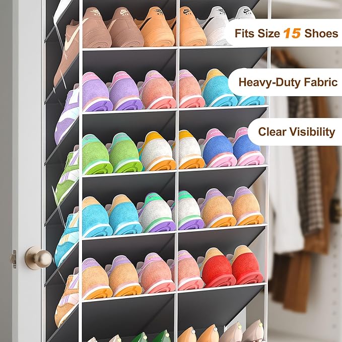 30 Pairs Over the Door Shoe Organizer, Clear Pockets Hanging Shoe Storage for Closet, 10-Tier Door Shoes Rack Storage Fit All the Family's Sneakers, Boots, Heels, Dark Grey