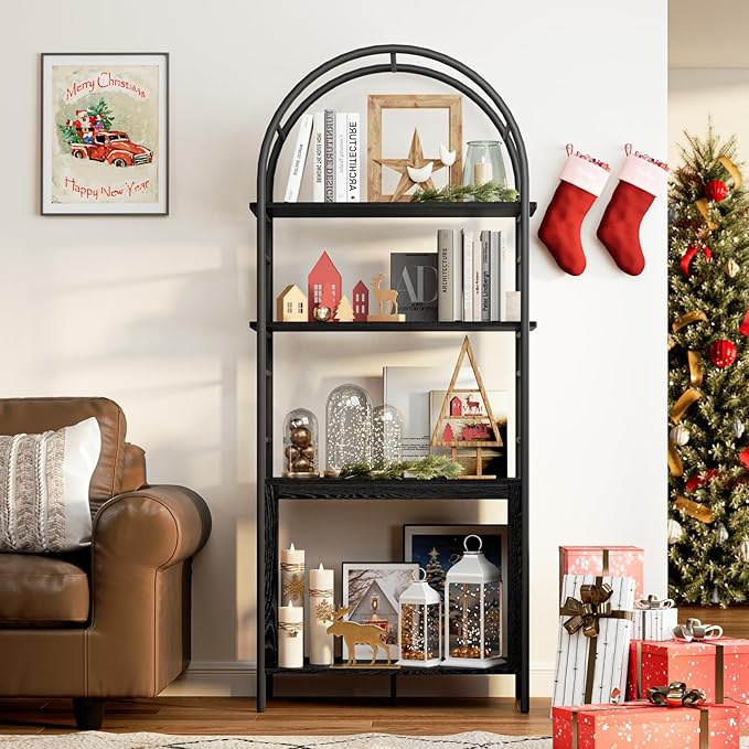 BREEZEHEAT 4-Tier Arched Bookshelf, 72" Tall Bookcase with Storage Shelves, Floor Standing Open Display Storage Shelf with Metal Frame, Large Organizer for Living Room, Home Office, Bedroom, Black