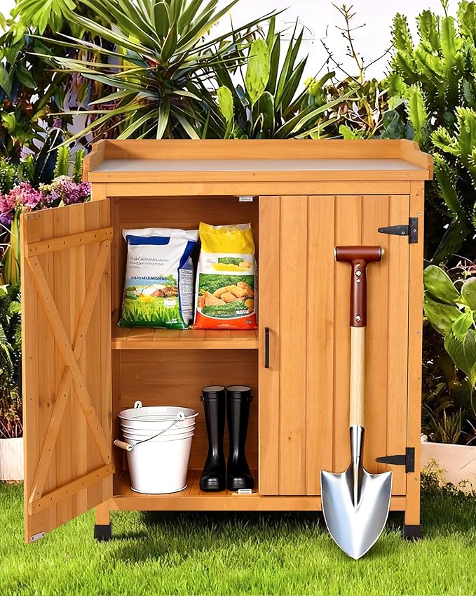 Outdoor Storage Cabinet with Metal Work Top|Waterproof Wooden Potting Bench|Spacious Patio Cabinet with Raised Side Rail for Garden Tools, Backyard,Lawn Gardening|Wood Outdoor Cabinet