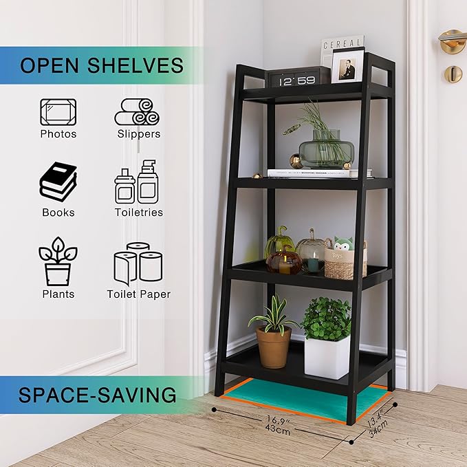 SMIBUY Bamboo Ladder Bookcase, Bathroom Storage Rack Organizer, 4 Tier and 5 Tier Freestanding Plant Display Stand Space Saver Shelves for Bedroom, Kitchen, Balcony (Black, 4 Tiers (39" H))