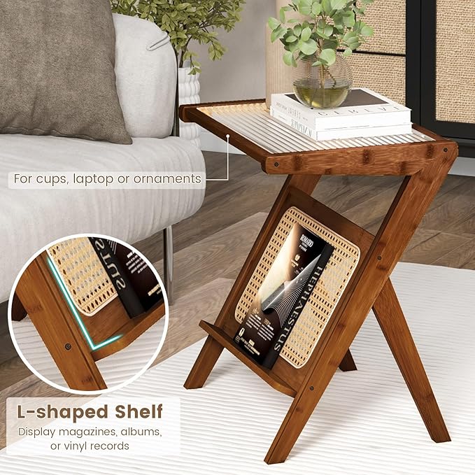 Giantex Rattan Side Table, Boho Nightstand with Glass Top & Magazine Rack, End Table with Storage, Bamboo Bedside Table for Small Space Living Room Bedroom (2, Walnut)