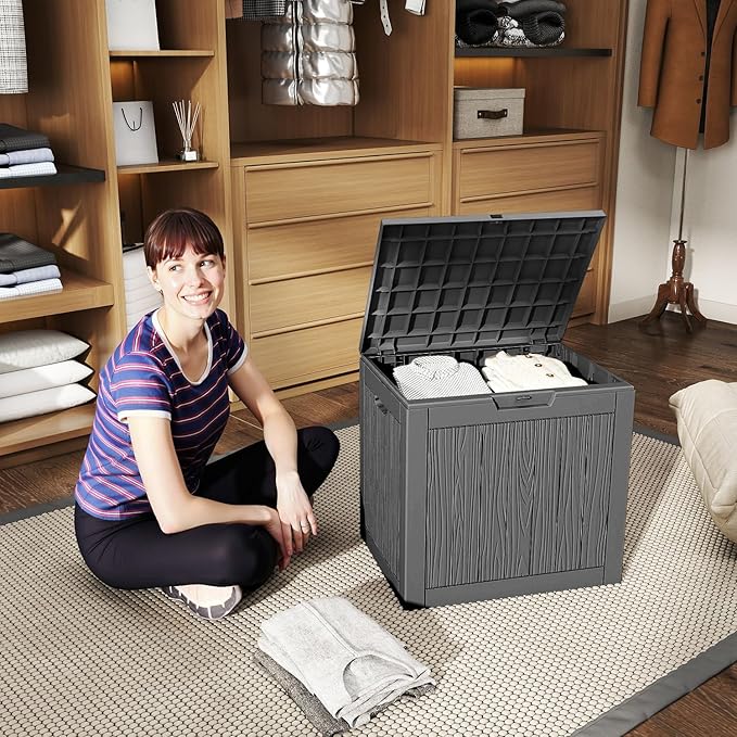 33 Gallon Outdoor Deck Box,Storage Lockable Waterproof Patio Furniture,Garden Tools,Cushions,Pool Accessories Outside Storage Resin Box(Black)