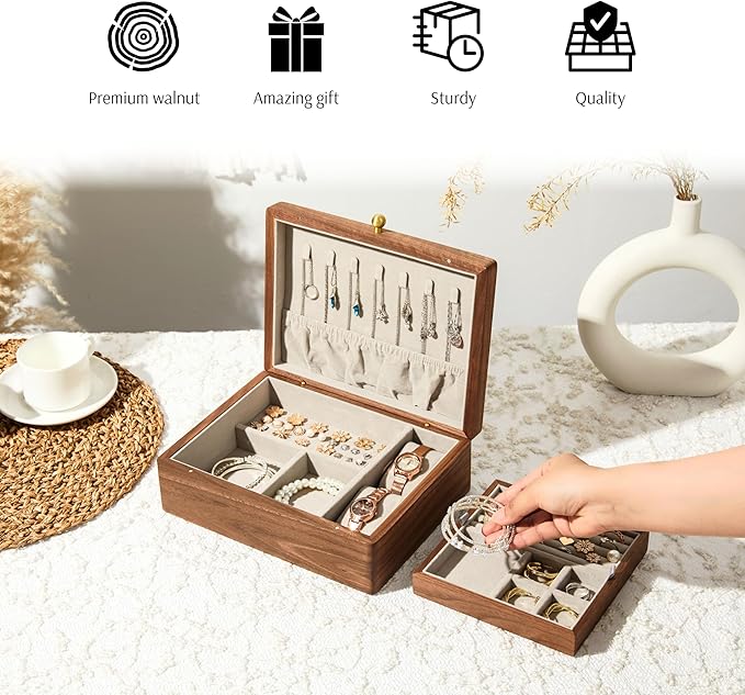 Wooden Jewelry Box, Two Layer Medium Size Real Natural Solid Walnut Wood, Vintage Organizer with Earring Storage, Ring Compartments, Built in Necklace Hooks, Watch Cushions, ek16-m-grey