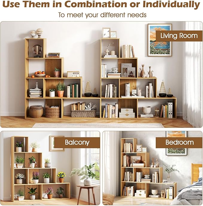 Tangkula 4-Tier Stepped Bookshelf, Freestanding 6 Cubes Ladder Bookcase with Anti-Tipping Kits, 64" Tall Modern Wooden Storage Display Rack for Home Office Living Room Study (2, Natural)