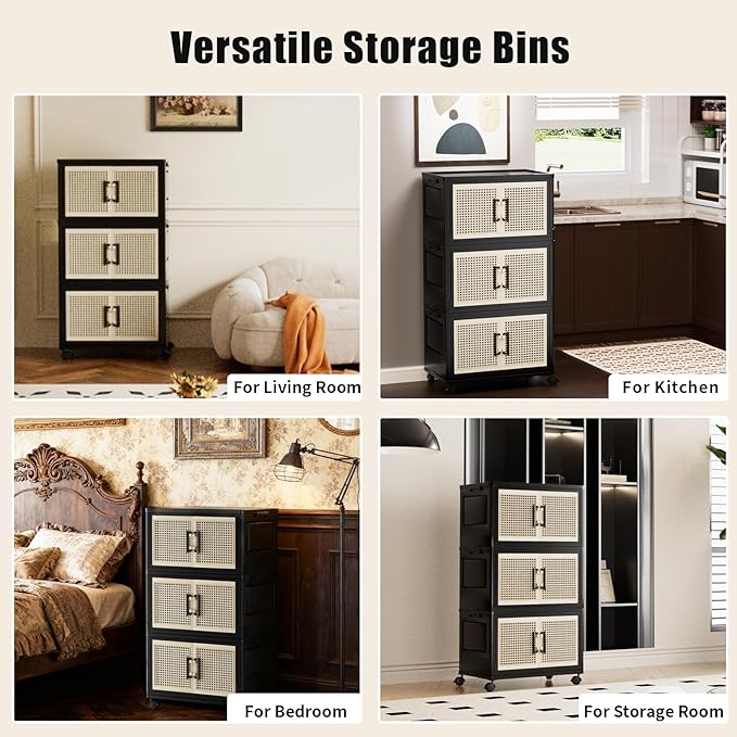 Stackable Storage Bins with Lids,Collapsible Plastic Storage Box Closet Organizers and Storage with Wheels and Magnetic Door for Home Office Dorm (3 Pack)