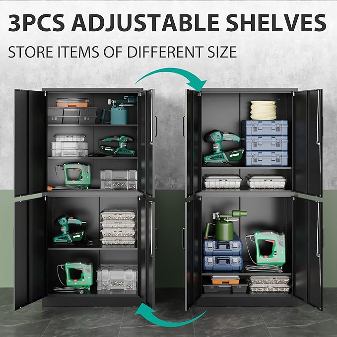 Metal Storage Cabinet with 3 Adjustable Shelves and 4 Doors,71" Garage Storage Cabinet with Lock,Black Metal Cabinets with Locking Doors,Steel Tool Cabinets,Lockable Cupboard for Home,Office,Garage