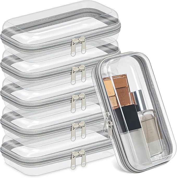 Sanwuta 6 Pcs Clear Hard Zipper Case Hard Plastic Zipper Pouches Transparent Makeup Bag Pencil Pouches for Travel Snacks Christmas Trinket Storage Organizer Box(Gray,7.48 x 3.94 x 2 Inch)