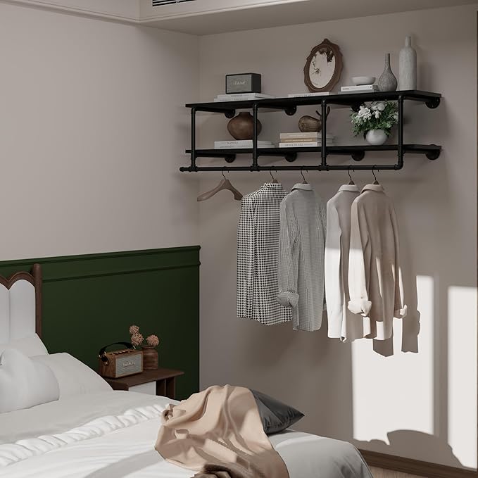 Wall Mounted Clothes Rack 12 Inch Deep, 60 Inch Heavy Duty Garment Rack with Real Black Wood Shelf, Multi-Purpose Hanging Rod & Space-Saving Closet Storage Organizer