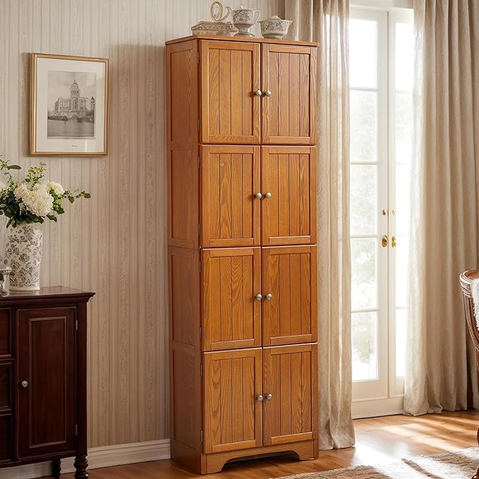 72" Tall Farmhouse Storage Cabinet, 4 Tier Kitchen Pantry Cabinet with 4 Shelves & 8 Doors, Freestanding Floor Storage Cabinet Wooden Organizer Bookcase for Living Room, Kitchen (Oak)