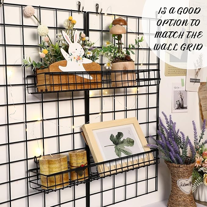 Blulu 4 Pcs 15.75 x 3.94 x 1.97 Inch Metal Grid Wall Baskets with Hooks Grid Wall Shelves Hanging Wire Basket Multi Function Storage Organizer for Kitchen Organizing Display (Black)