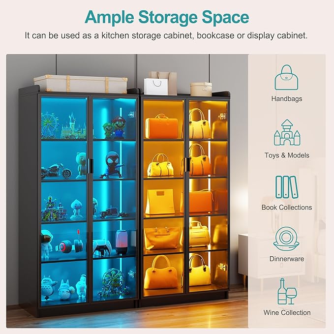 Lvifur 5 Tier Display Cabinet for Living Room, LED Bookcase with Human Body Induction Lights, 65” Tall Curio Cabinets with Adjustable Shelves for Office (Black)