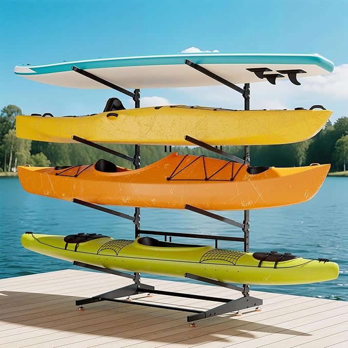 Kayak Storage Rack, Heavy-Duty Outdoor Canoe Rack, Reinforced, Thickened, and Enhanced Rust Resistance, Holds 440 lbs, for Safe Indoor and Outdoor Kayak Storage(4-Tier, Black)