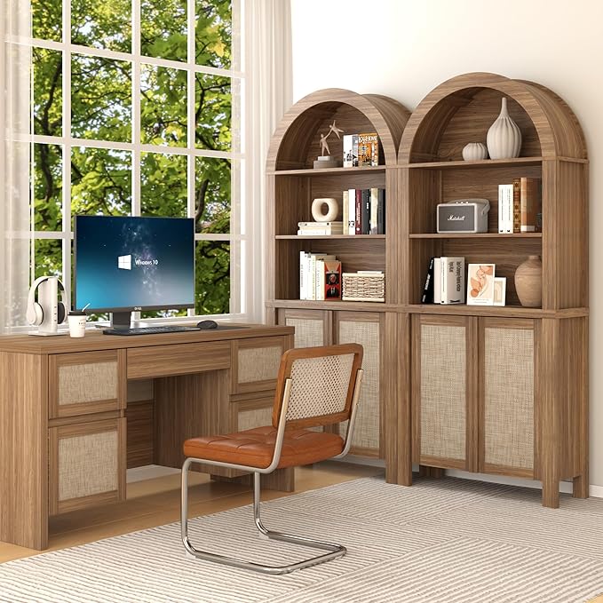 Yechen Arched Bookcase, 70.5" Tall Bookcase with Storage, Mid-Century Modern 5 Tier Bookshelves with Door, Boho Rattan Bookshelf for Living Room Kitchen Office Bedroom Library, Natural Walnut,1 PCS