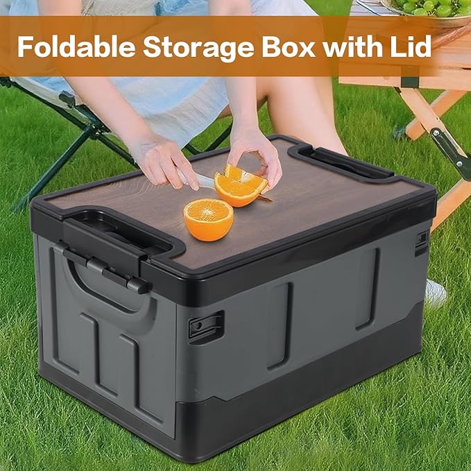 Collapsible Storage Bins with Lids, Portable Foldable Box with 2 Side Doors, Organizing Stackable Storage Cases Large Heavy Duty Utility Crates for Camp Fishing Car RV (Extra Extra Large-60L)