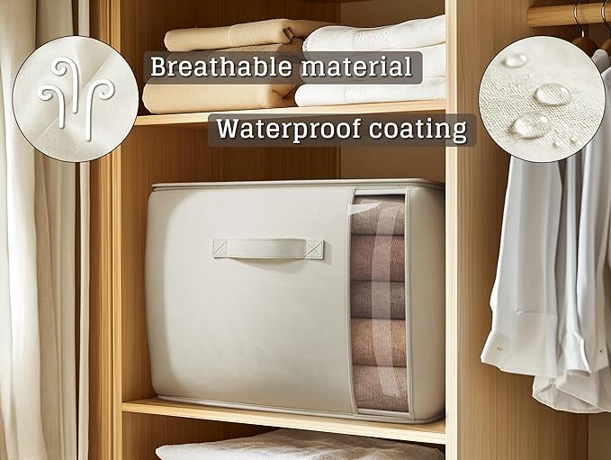 Large Canvas Clothes Storage Bags with Thick Handles and Clear Window, Foldable Cotton Linen Underbed Closet Organizer for Clothing, Blankets and Bedding, 60L, 3 Pack, Beige