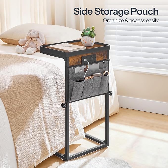 HOOBRO C-Shaped End Table with Charging Station, 29.5” Adjustable Height Side Table with Storage Pocket, Sofa Tray Table Slide Under Couch, for Living Room, Bedroom, Rustic Brown and Black BF78USF01