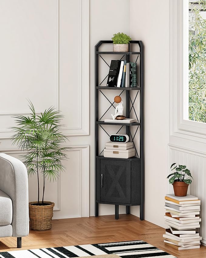 62.2" Corner Shelf with Cabinet, 4-Tier Tall Corner Bookshelf with X-Shaped and Diamond Design, for Living Room, Bedroom, Bathroom Storage, Black
