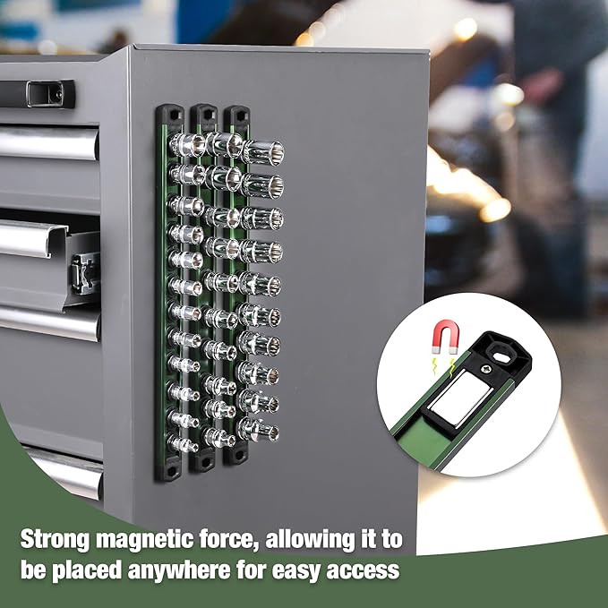 WORKPRO Magnetic Socket Organizer, 3/8-Inch Drive Aluminum Alloy Sockets Rail, Heavy Duty Sockets Holder, Socket Rack Kit 3/8-Inch x 10 Clips Green (Socket not Included)