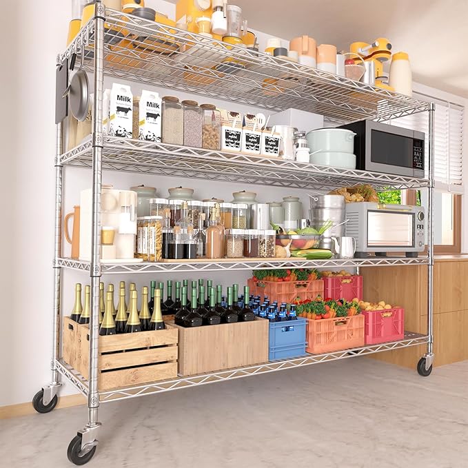 PrimeZone 4 Tier 55.5" Wx24 Dx76 H Wire Shelving with Wheels 2400lbs NSF Certified Storage Shelves Heavy Duty Metal Shelf Adjustable Rolling Rack Commercial Garage Restaurant Warehouse Chrome 2Pack