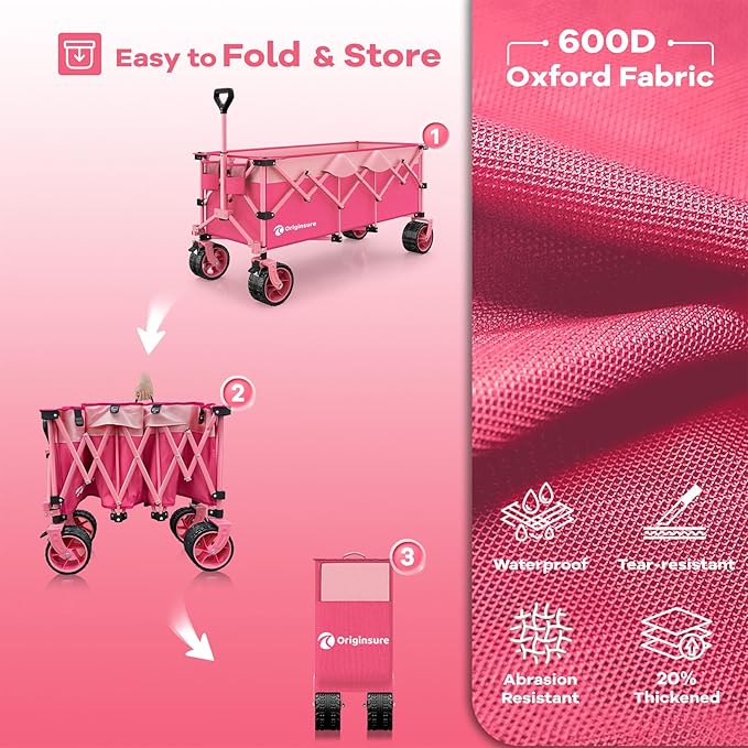 48" L Collapsible Beach Wagon Cart Foldable, 560LB Weight Capacity 300L Heavy Duty Folding Wagons with Big All-Terrain Wheels, Utility Carts for Groceries, Shopping, Camping, Sports - Pink