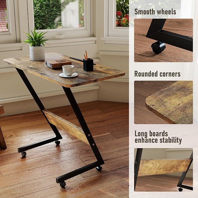 Overbed Bedside Table with Wheels,Small Desk Portable Rolling,Overbed Table Home Use, Portable Computer Stands,Movable Desk (Rustic Brown)