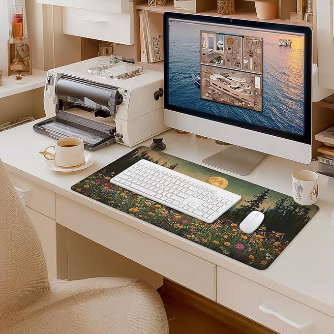 Vintage Moonlit Wildflower Floral Large Mouse Pad 31.5x15.7inch, Retro Nature Landscape Flower Large Extended Computer Desk Mat Mousepad for Keyboard and Mouse, Floral Desk Accessories