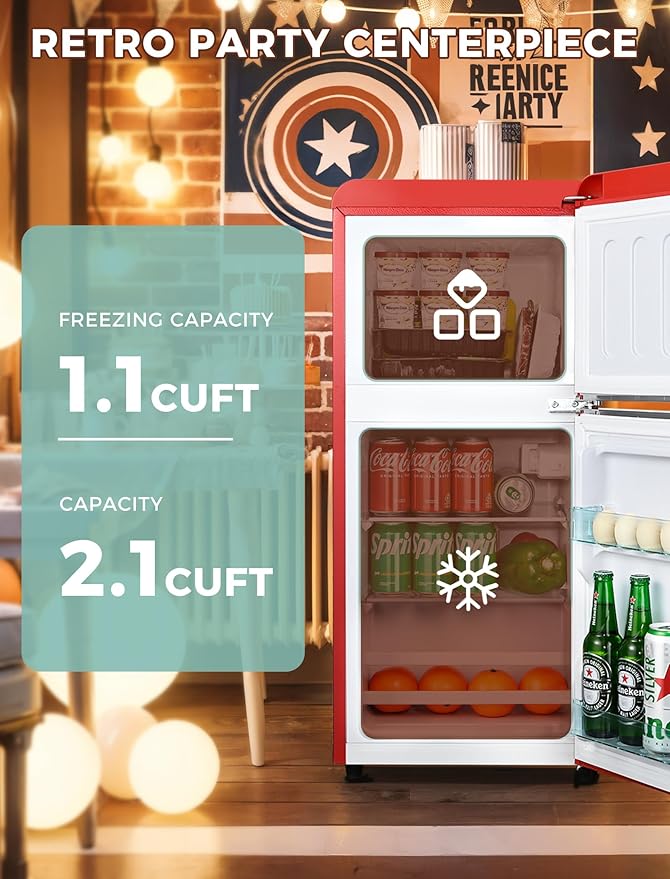 3.2 Cu.Ft Retro Fridge with Freezer, Double Door Refrigerator with 7 Level Thermostat, Low Noise, Adjustable Removable Glass Shelves for Bedroom Office Apartment Dorm Bar, Red