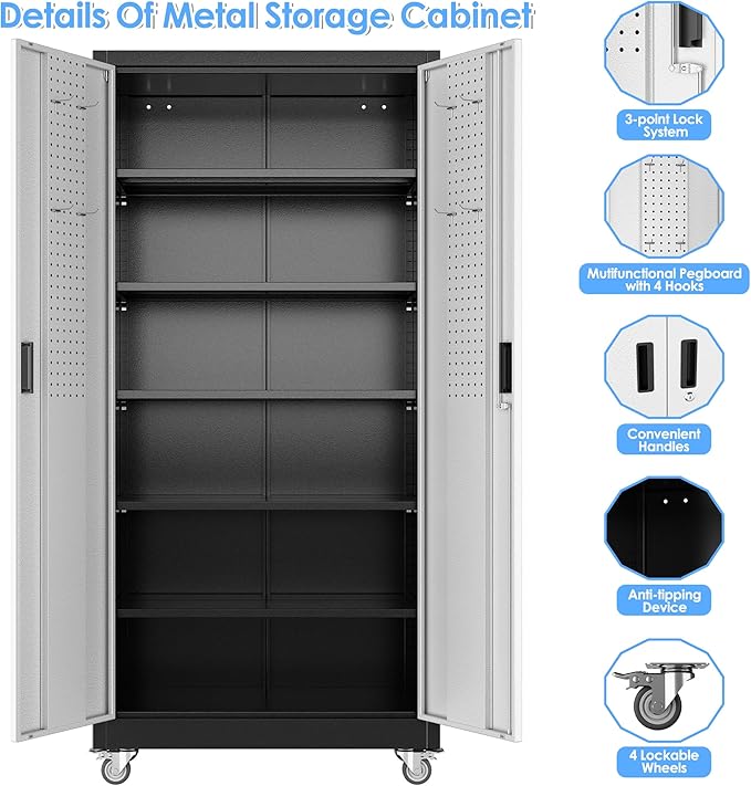 Upgraded Wide & Deep Metal Garage Storage Cabinet with Wheels & Pegboard, Lockable Metal Storage Cabinets with 2 Doors&5 Adjustable Shelves for Garage&Home,Assembly Required,Black Gray