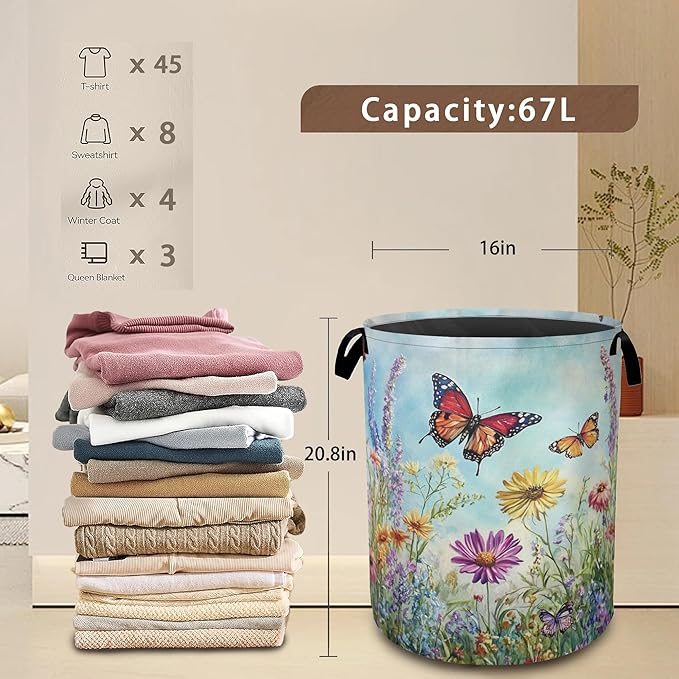 Colorful Butterfly Collapsible Laundry Baskets,Flowers Laundry Hamper,Storage Basket with Handles for Bathroom Bedroom College Dormitory Living Room Nursery Organizer 16"x20"