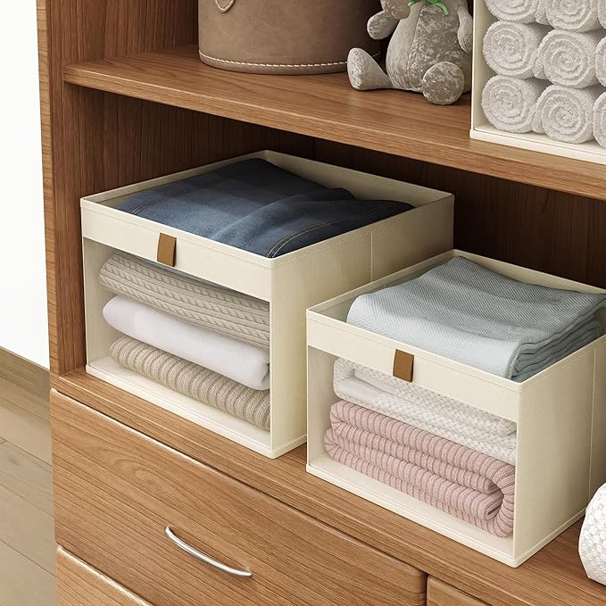 Linen Closet Organizers and Storage, Closet Storage Bins Basket Organizer, Foldable Organization Baskets with Mesh Window for Clothes Towels and Toys, 10.75" x 10.75" x 7.5", Beige, 4 pack