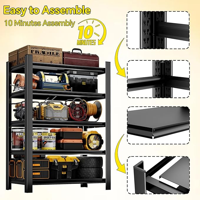 CJF Adjustable Garage Storage Shelves, 5-Tier Garage Shelving Heavy Duty, Metal Industrial Utility Shelf for Warehouse, Kitchen, Laundry Room,Warehouse-Black (71 "H x 36" W x 16" D)