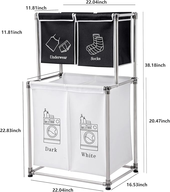 2 Tier Laundry Sorter with 4 Removable Bags for Organizing Clothes - Large Freestanding Laundry Hamper - Laundry Basket for Dirty Clothes in Laundry Room
