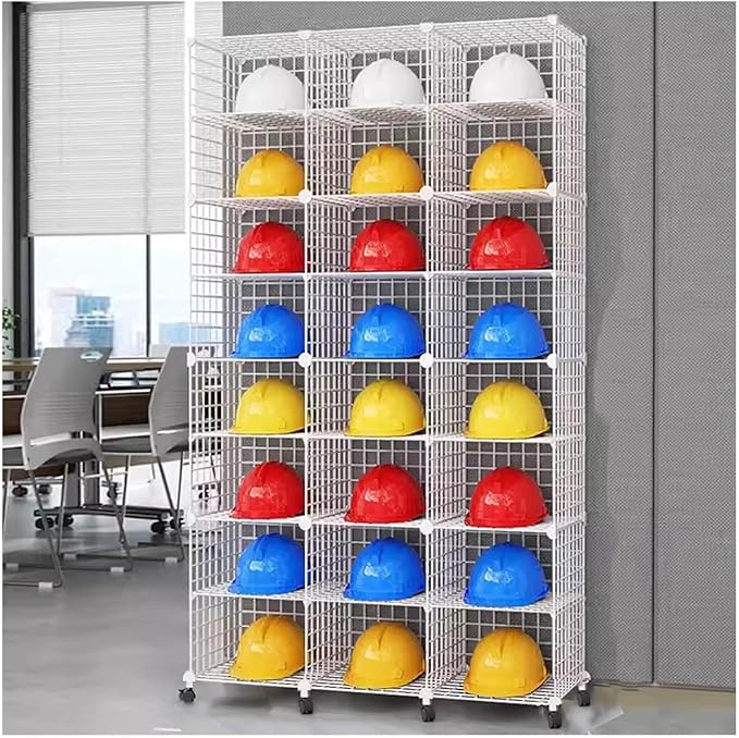 Stackable Safety Helmet Storage Boxes, Large Adjustable Hard Hat Placement Organizer Rack,with Wheels,for Construction Site/Garage/Workshop/Factory Helmet Display Shelf (White, 24 Grids-3 * 8)