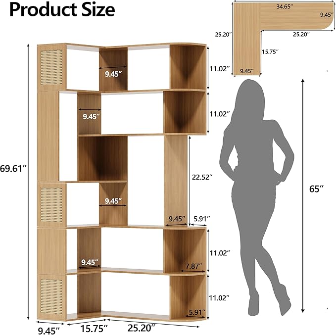 Corner Shelf,7-Tier Corner Bookshelf,Farmhouse L Shaped Shelves Etagere Bookcase, Large L Shaped Bookshelf with Vine Woven Open Storage Cabinet for Home Office (Large,Log Color)