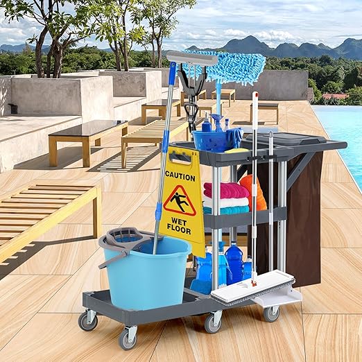 Commercial Janitorial Cleaning Cart on Wheels with Cover and Vinyl Bag, 3-Shelf Custodial Cart Housekeeping Carts for Hotels, Stores, Schools, and Business