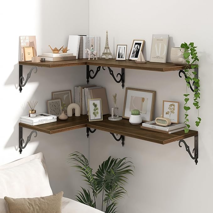 Floating Shelves for Wall, 24"W x 12"D Wall Shelves, 12 Inch Deep Floating Shelf with Bracket, 24 Inch Floating Shelves for Living Room and Bathroom, Display & Storage Shelves, Walnut, Set of 2