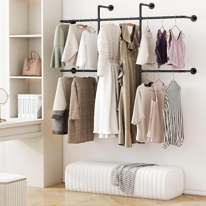 Industrial Pipe Clothing Racks with 5 Hanging Rods, Industrial Clothes Racks Wall Mounted, Heavy Duty Black Pipe Clothing Rack, Metal Closet Rods for Hanging Clothes