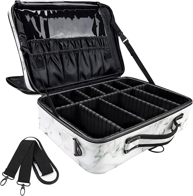 JOURMON Travel Makeup Train Case,Large Capacity Cosmetic Bags for Women,Portable Makeup Bag Organizer with Adjustable Dividers & Shoulder Strap(Marble White, Large)