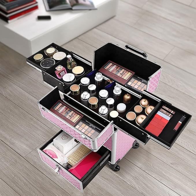 Rolling Makeup Case, Nail Storage Box with Wheels Portable Makeup Trolley for Beauty Studio Hairdressers Nail Technician (Pink)