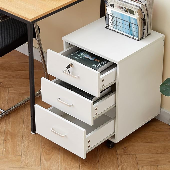 TUKAILAi Mobile File Cabinet with 3 Drawers, Lockable Storage Unit Wooden Rolling Office Filing Cabinet with Wheels, for Legal/Letter/A4 Sized Documents Home Office (White 1PCS)