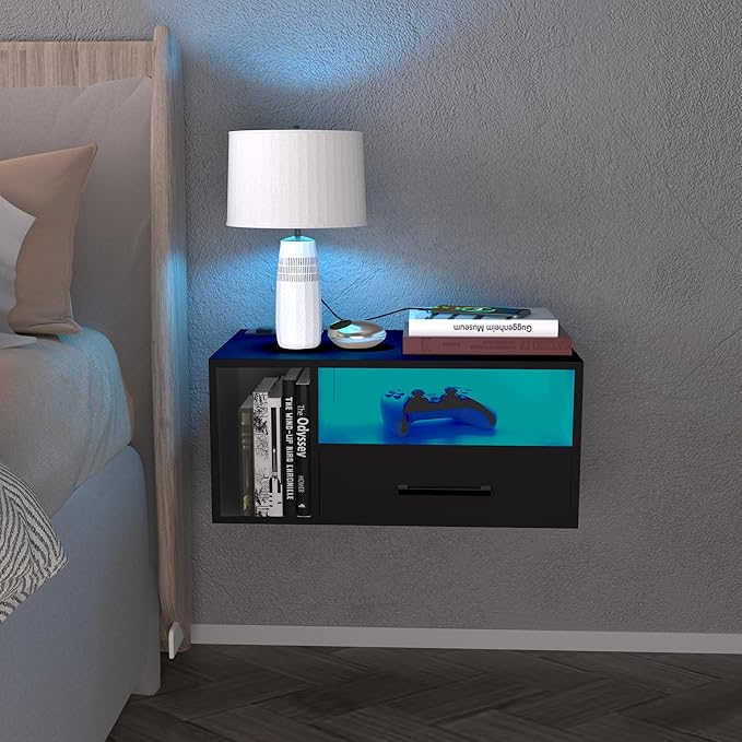 Homaterial Floating Nightstand with Charging Station and LED Lights, Floating Bedside Table with Drawers Wall Mounted Nightstands,for Bedroom Room, 21.3" x 11.8" x 10",Black