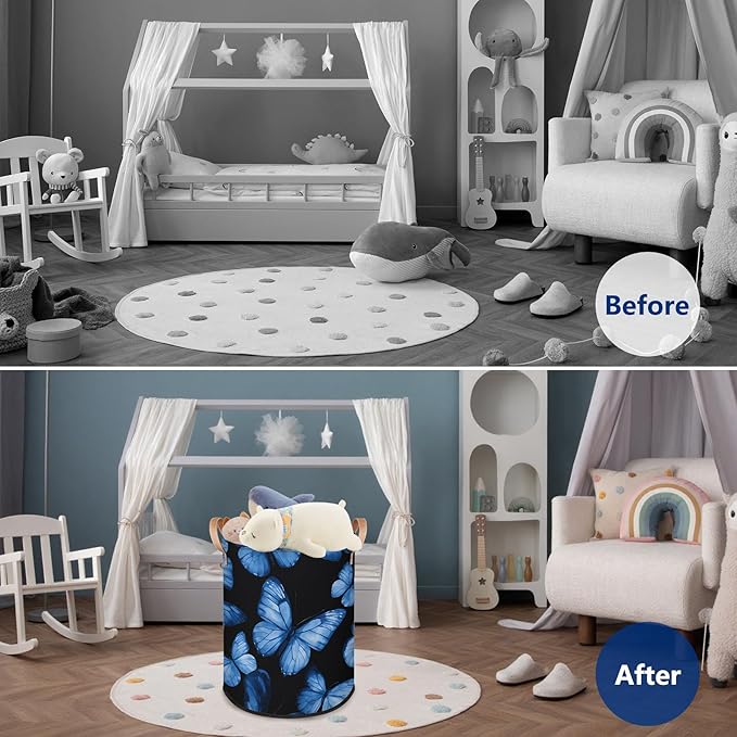 Foldable Laundry Hamper with Elegant Blue Butterfly Pattern - Collapsible Storage Basket for Bedroom, Portable Organizer for Blankets, Toys, Clothes