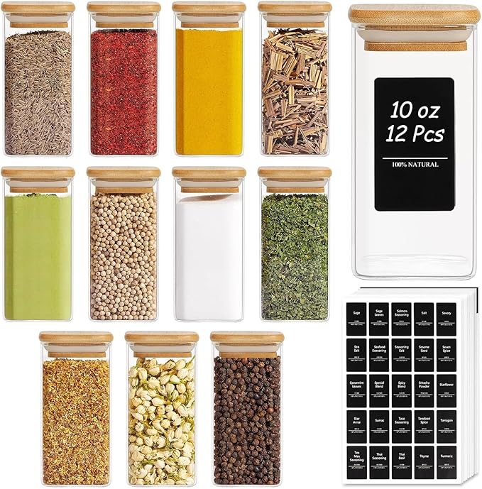 ComSaf 12Pcs Glass Spice Jars with Bamboo Lid, 10oz Airtight Square Containers with 275 Black Lables, Empty Seasoning Jars for Spice Salt Sugar
