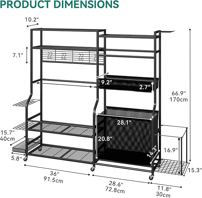 YITAHOME Multi-Functional Sports Organizer for Garage, Golf Gear Storage Rack for 3 Bags and Clubs, Ball Storage Bins with Wheels, Multi-Layer Sports Equipment Rack with Hooks