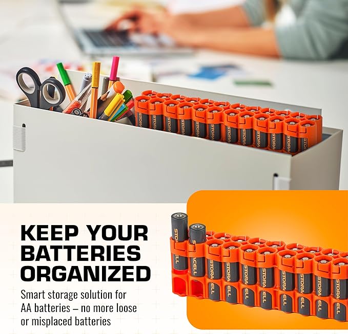 AA Battery Storage Caddy by Storacell, Orange - Holds 24 Batteries (Not Included)