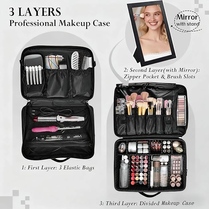 Adazzo Large Makeup Bag, 3 Layers 17” Makeup Case Organizer with Mirror Professional Cosmetic Storage Backpack Box Travel Artist Carrying Vanity Bags with Brush Slot/Shoulder Strap/Attach to Suitcase